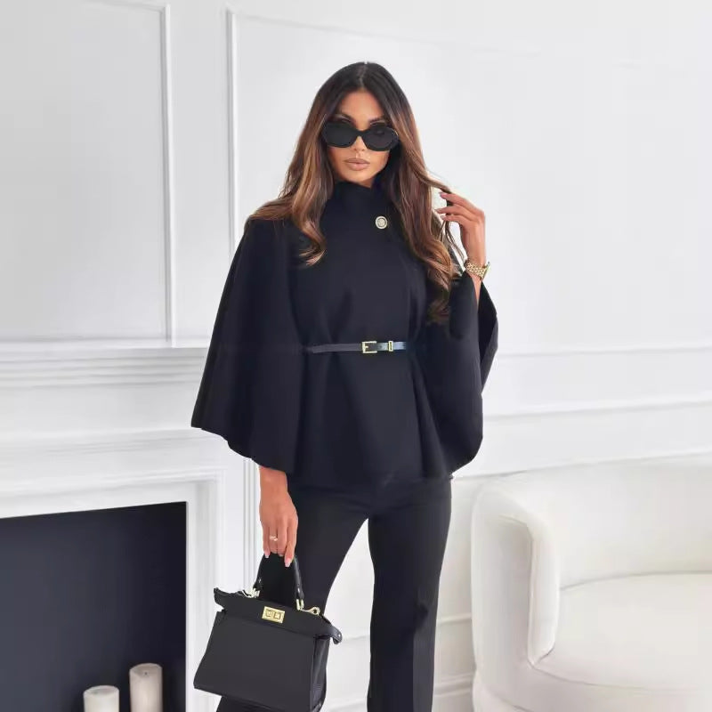Belted Stand-Collar Batwing Cape Jacket