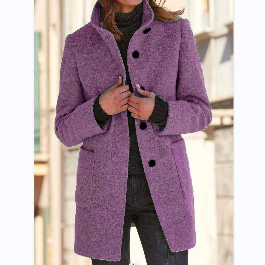 Stand-Collar Wool-Look Button Coat