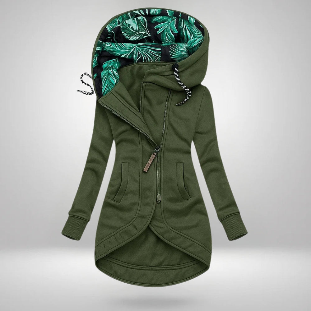 Longline Hooded Zip Jacket with Print-Lined Hood