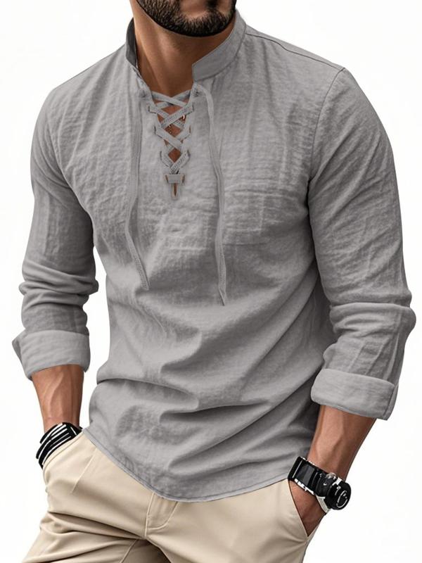 Men's Lace-Up Textured Long Sleeve Shirt