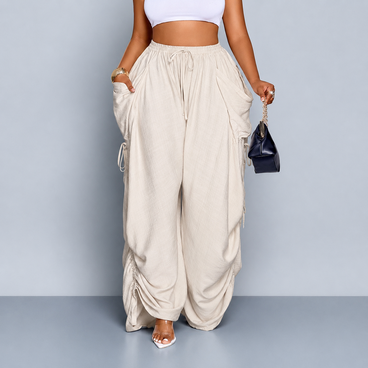Ruched Wide-Leg Drawstring Pants