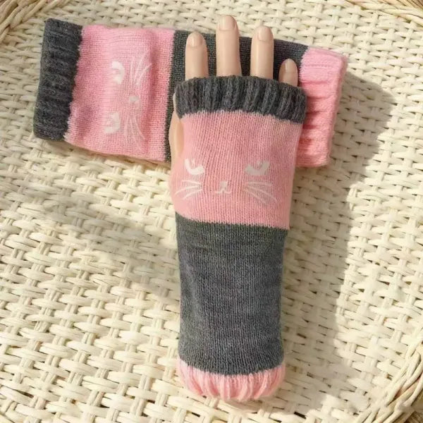 Embroidered Cat Fingerless Knit Gloves