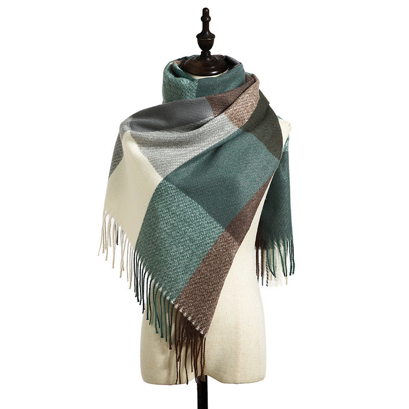 Color-Block Plaid Fringe Blanket Scarf