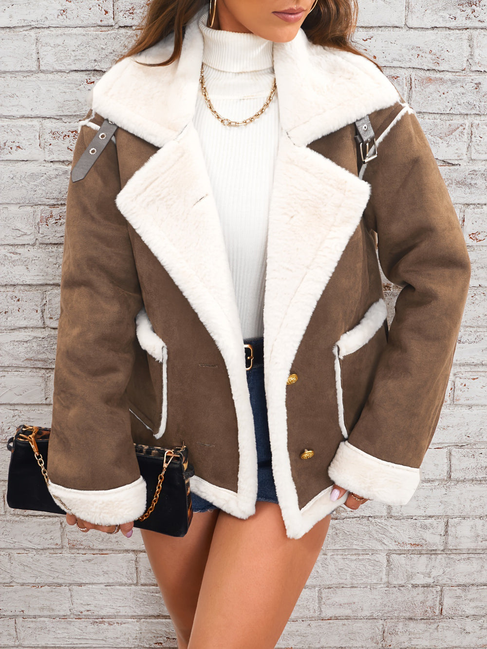 Sherpa-Collar Faux Suede Aviator Jacket