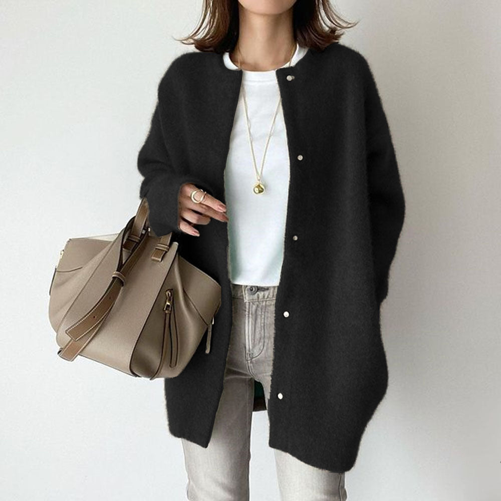 Fuzzy Knit Crew-Neck Long Cardigan