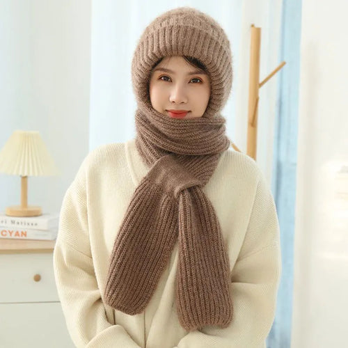 Fleece-Lined Knit Hooded Hat and Scarf