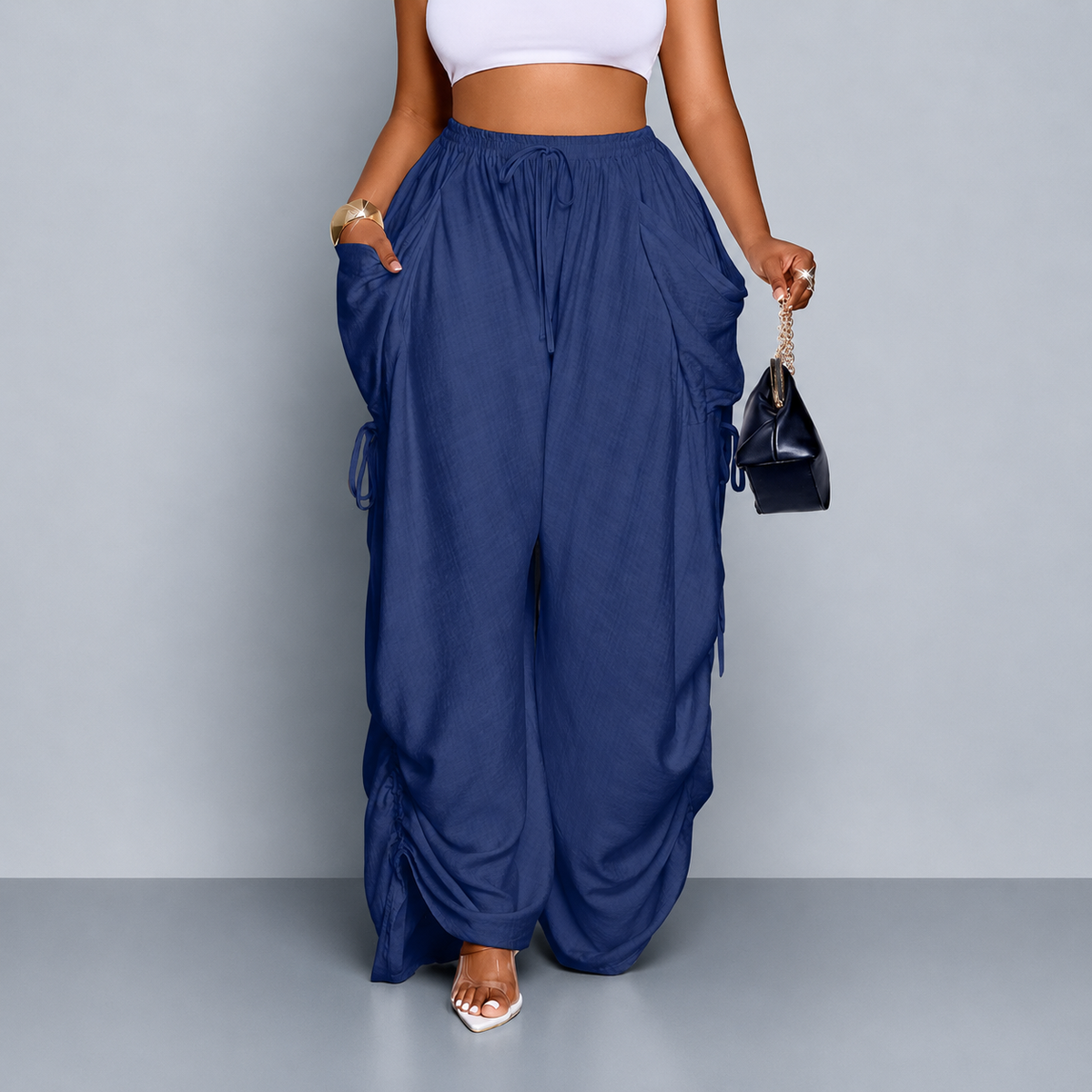 Ruched Wide-Leg Drawstring Pants