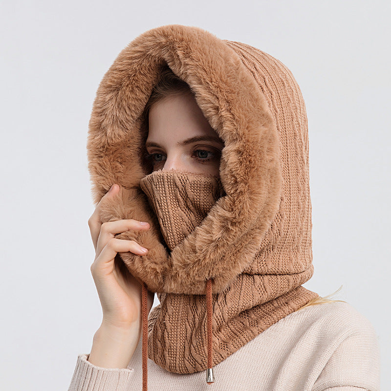 Faux Fur Trim Knit Hood with Neck Warmer