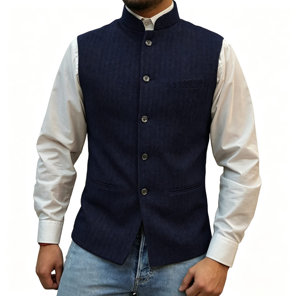 Men's Mandarin Collar Tweed-Style Vest