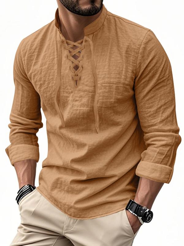 Men's Lace-Up Textured Long Sleeve Shirt