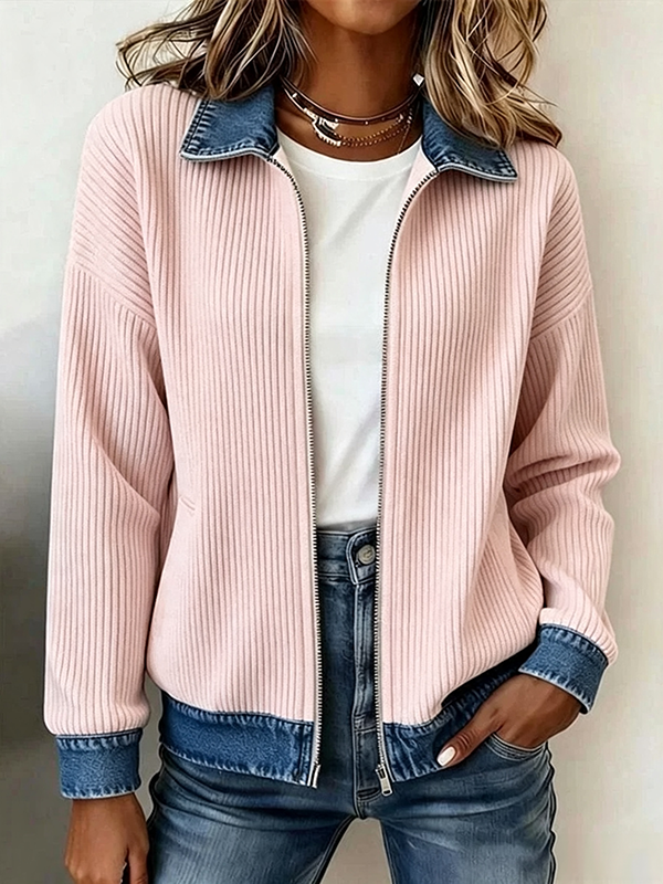 Ribbed Knit Zip Jacket with Denim Trim
