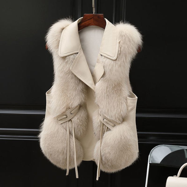 Plush Faux Fur Vest with Leather-Look Lapel