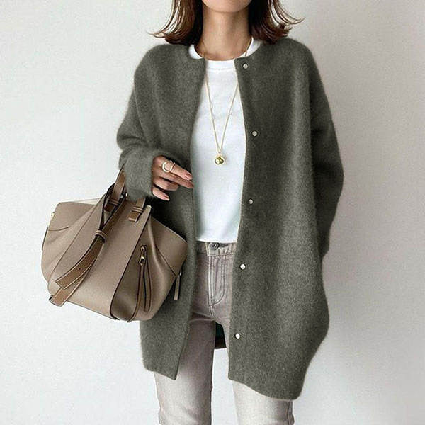 Fuzzy Knit Crew-Neck Long Cardigan