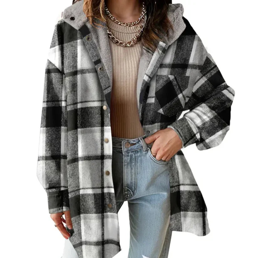 Hooded Plaid Shacket with Teddy Lining