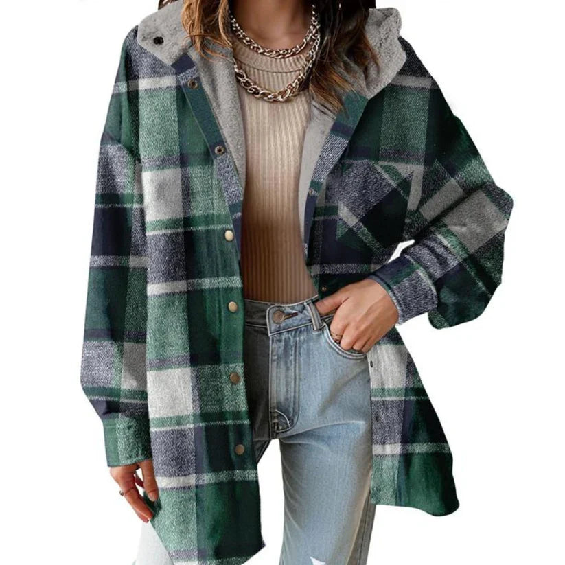 Hooded Plaid Shacket with Teddy Lining