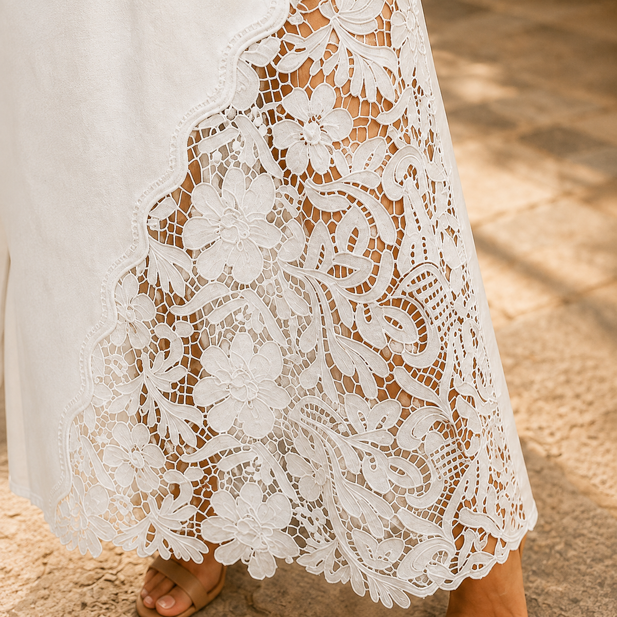 Floral Lace Panel Denim Maxi Skirt