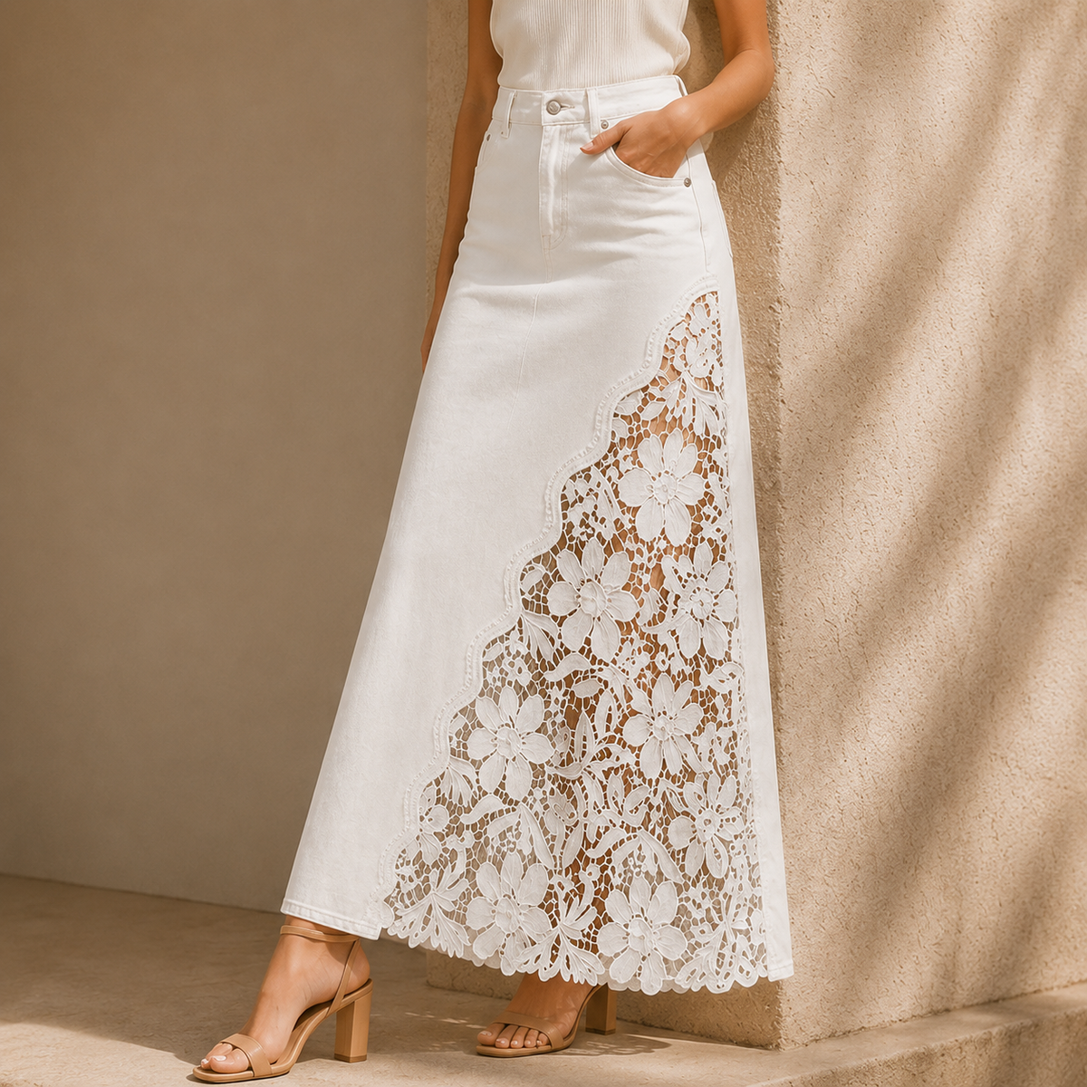 Floral Lace Panel Denim Maxi Skirt