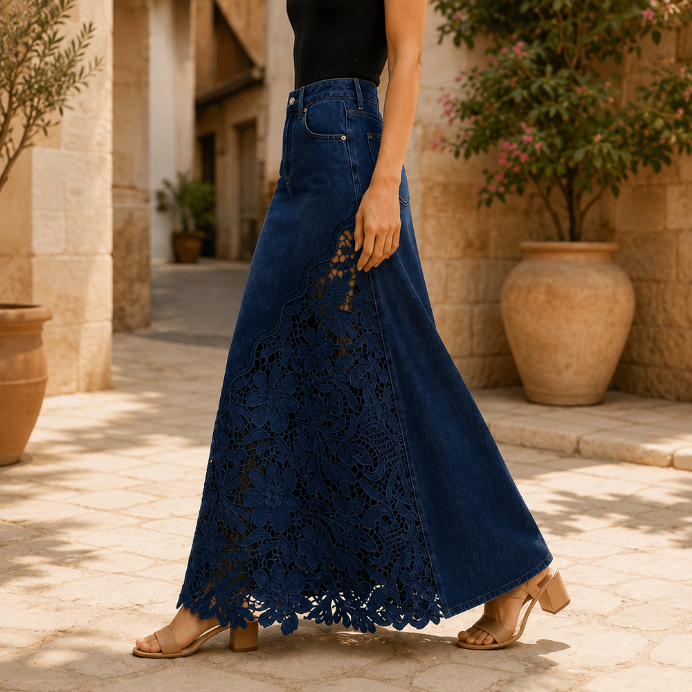 Floral Lace Panel Denim Maxi Skirt