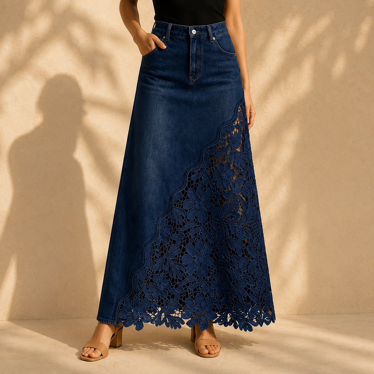 Floral Lace Panel Denim Maxi Skirt