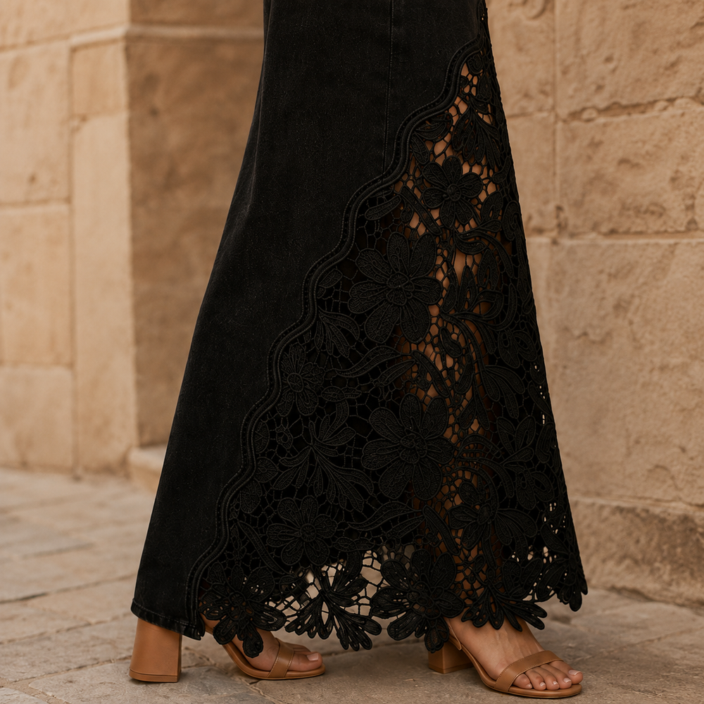 Floral Lace Panel Denim Maxi Skirt