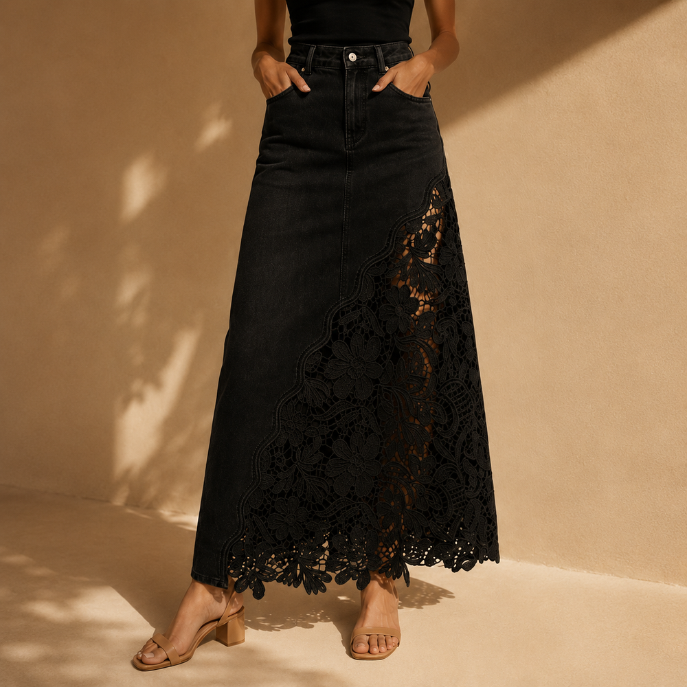 Floral Lace Panel Denim Maxi Skirt