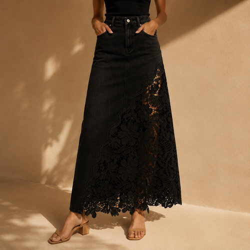 Floral Lace Panel Denim Maxi Skirt