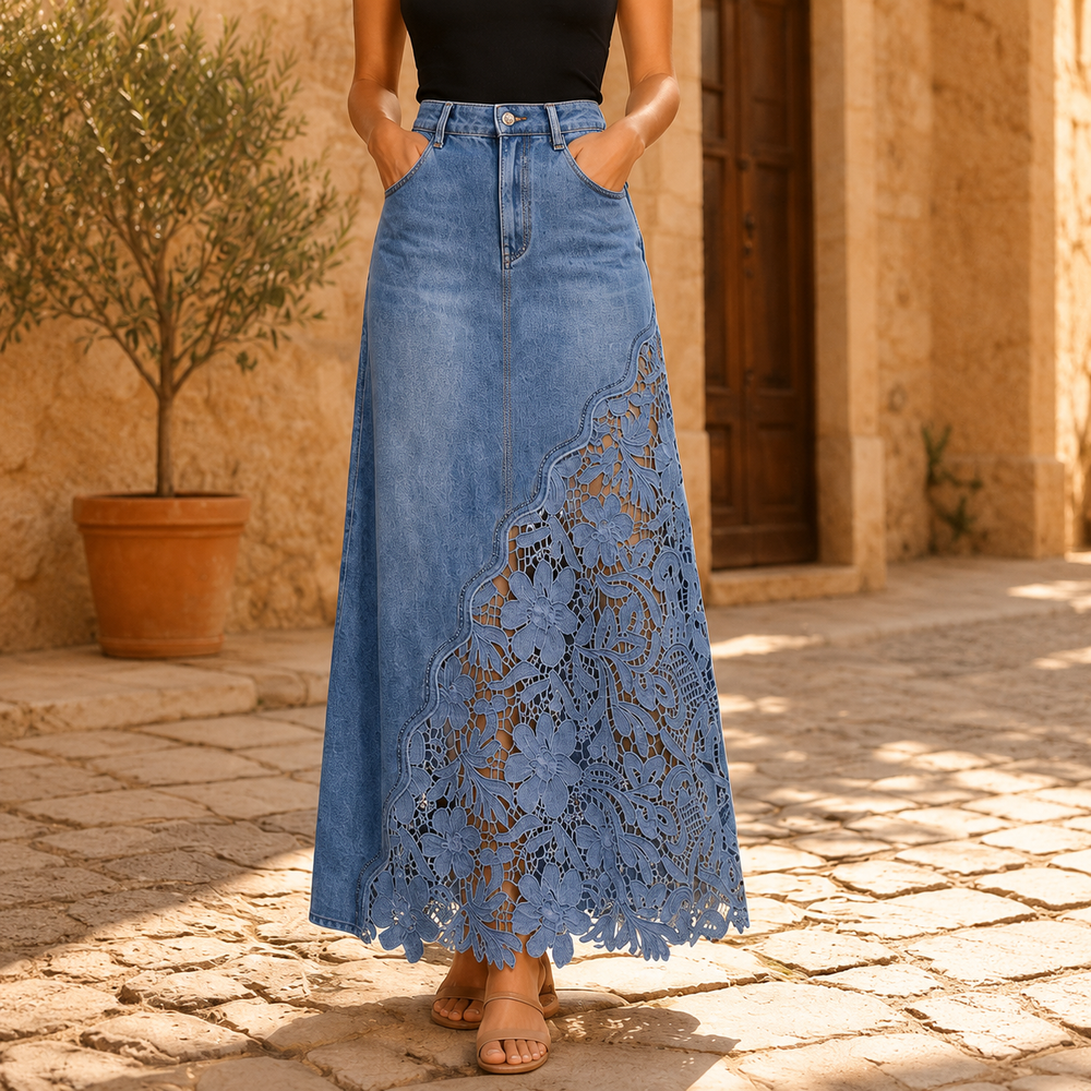 Floral Lace Panel Denim Maxi Skirt