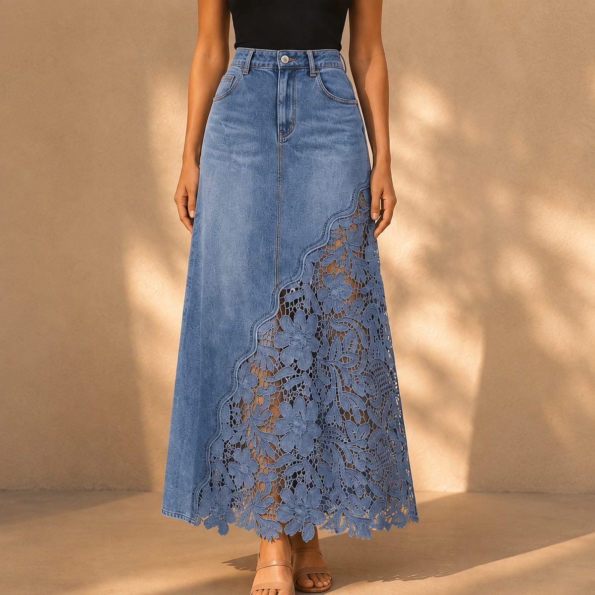 Floral Lace Panel Denim Maxi Skirt