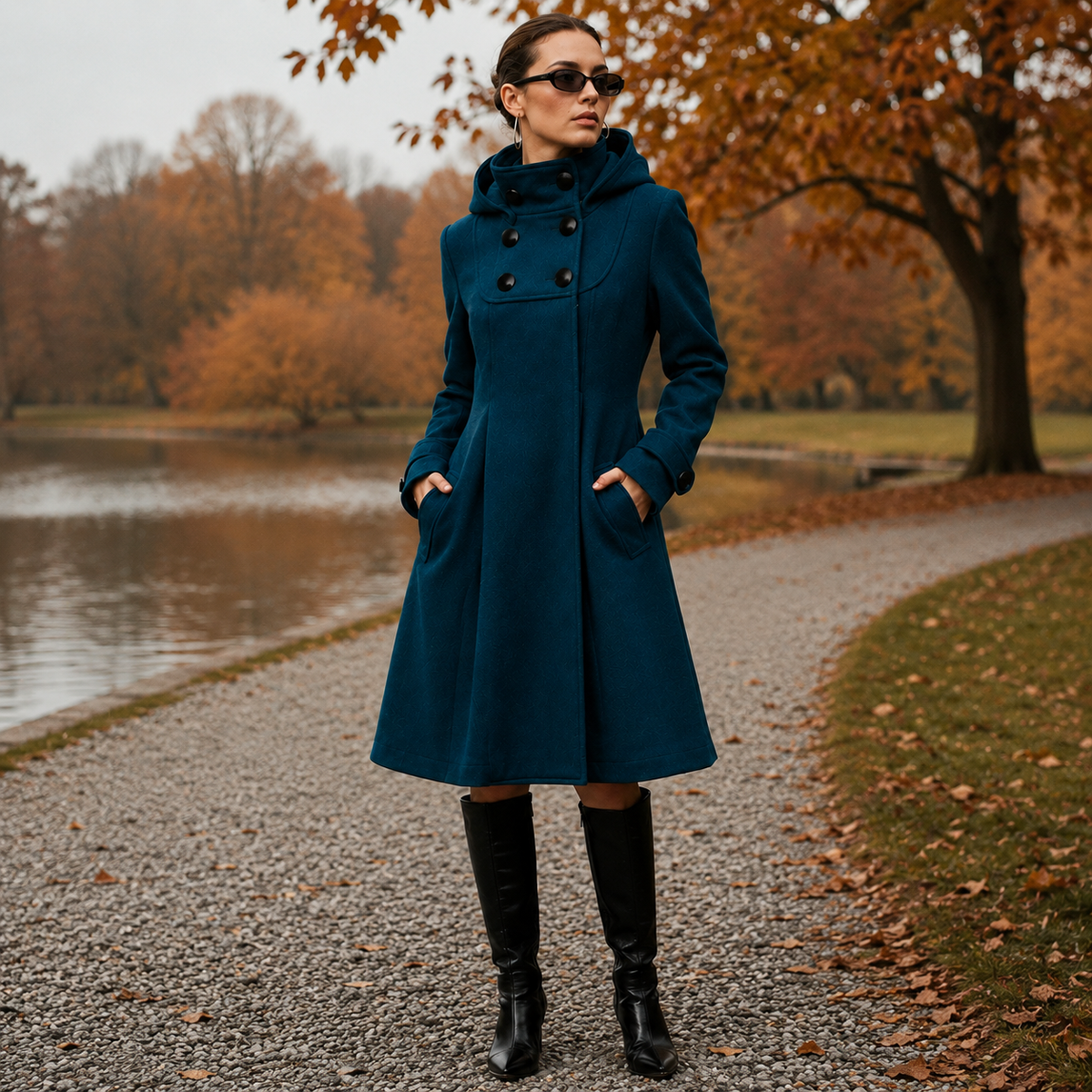 Double-Breasted Hooded Swing Coat