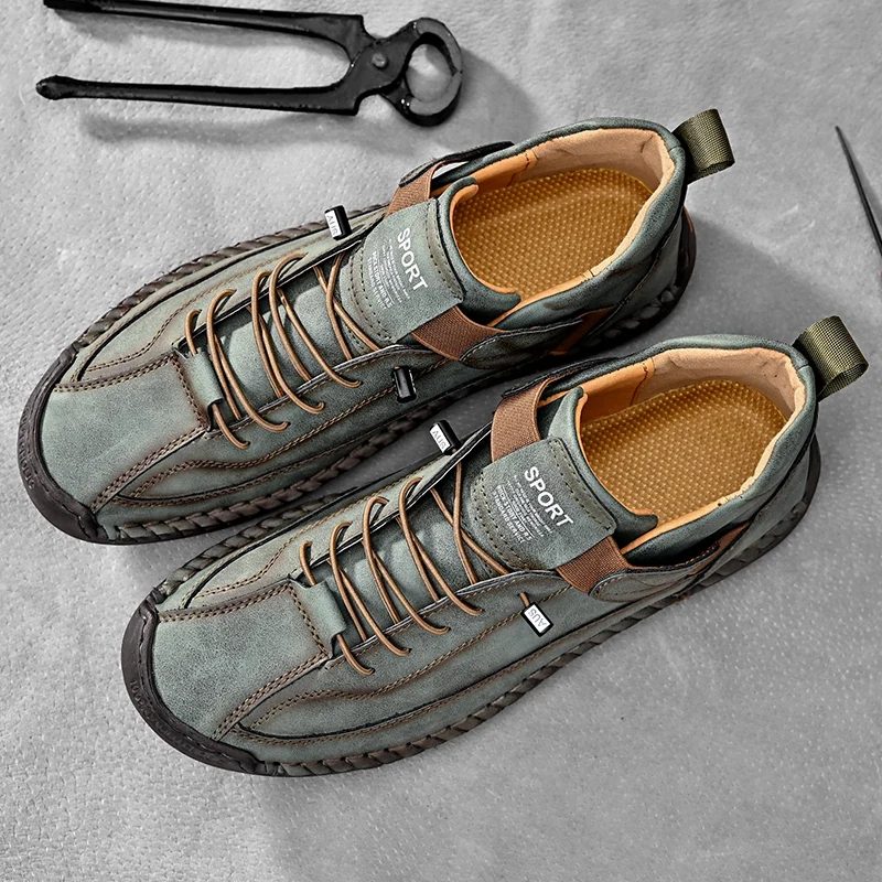 Men's Hand-Stitched Leather-Look Sneakers