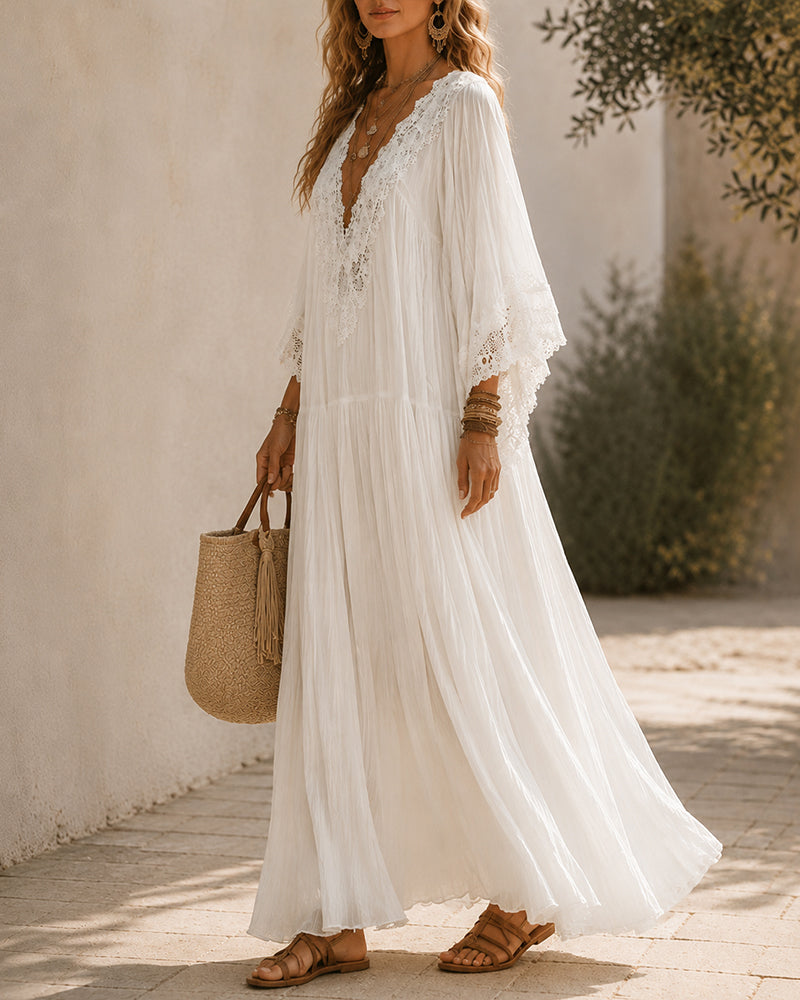 Lace V-Neck Batwing Chiffon Maxi Dress