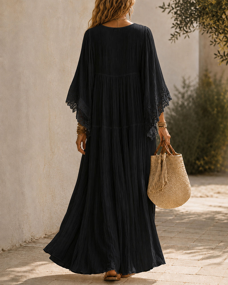 Lace V-Neck Batwing Chiffon Maxi Dress