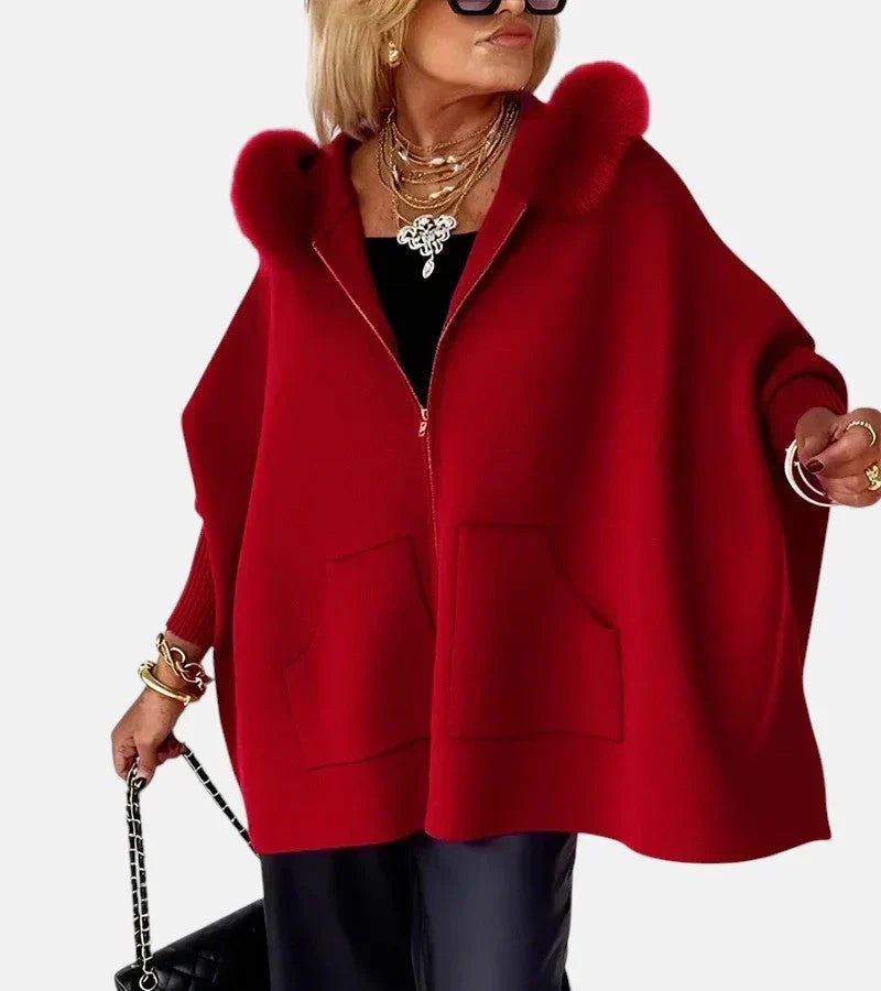 Faux Fur-Trim Hooded Knit Cape Jacket