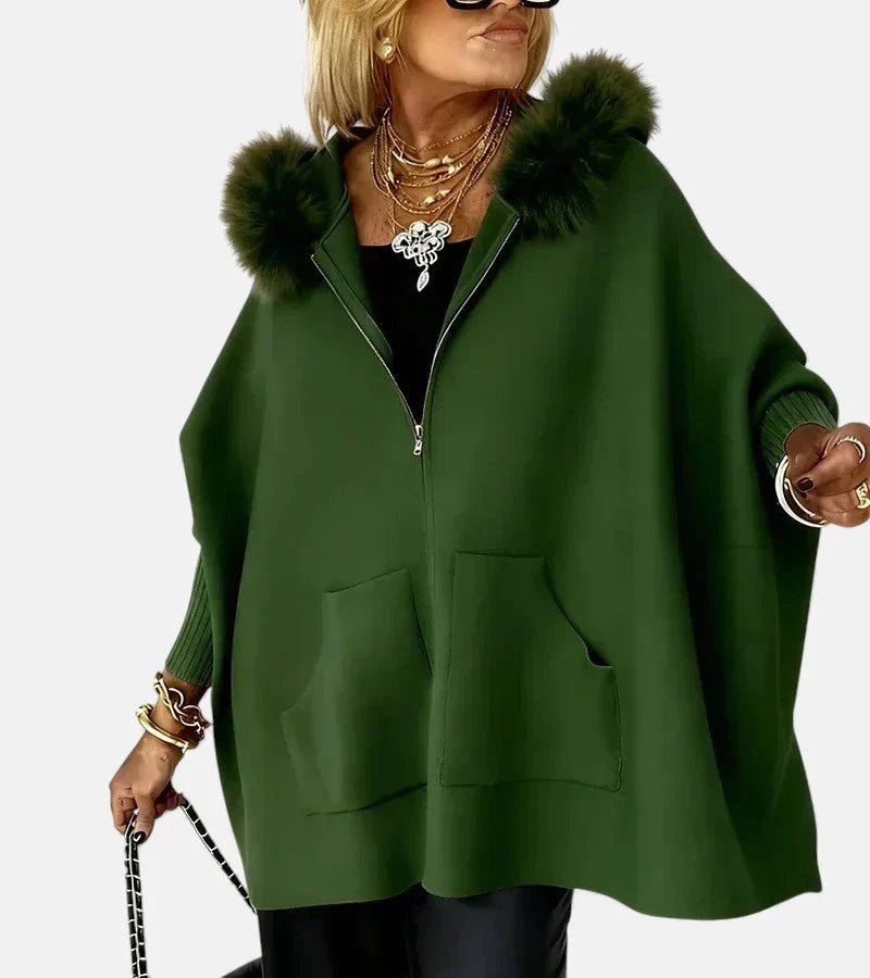 Faux Fur-Trim Hooded Knit Cape Jacket