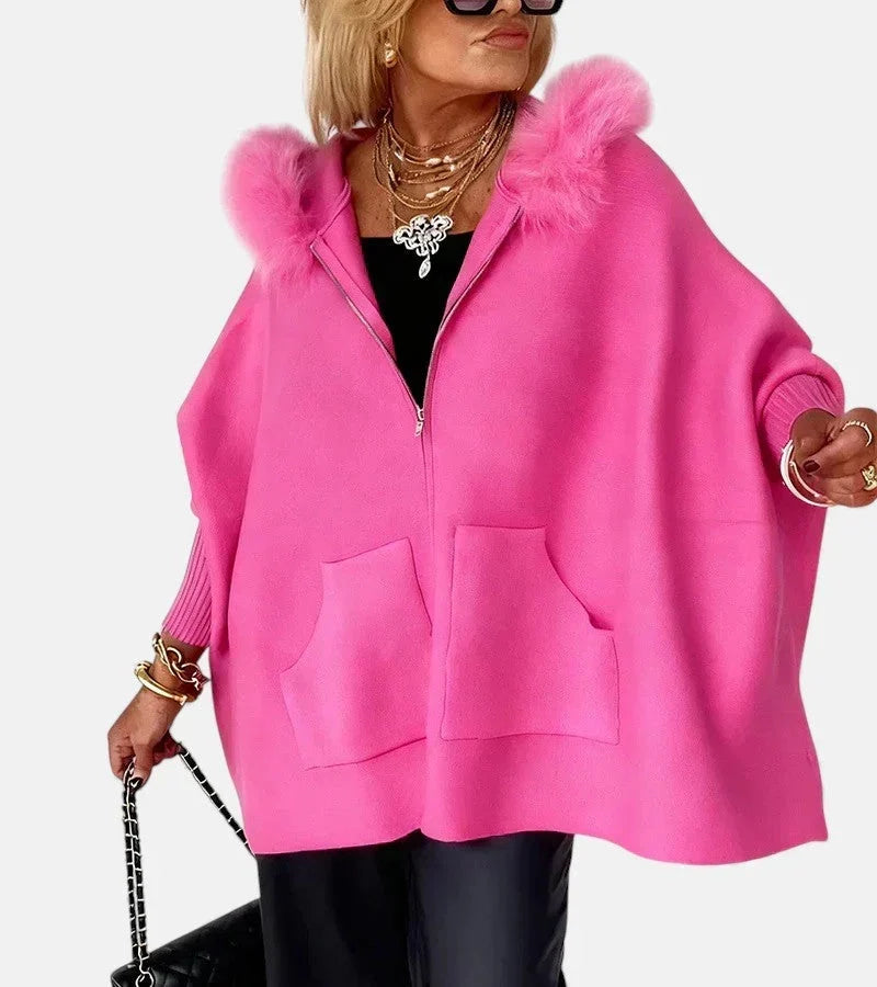 Faux Fur-Trim Hooded Knit Cape Jacket