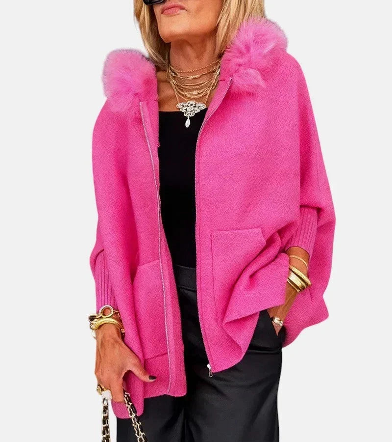Faux Fur-Trim Hooded Knit Cape Jacket