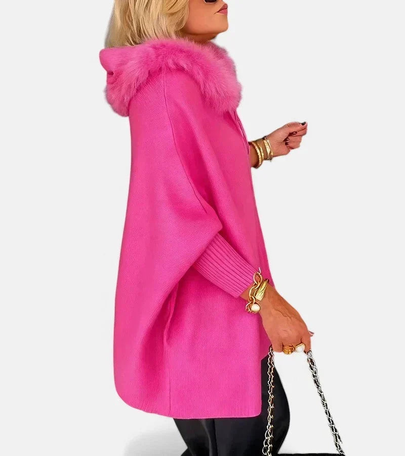 Faux Fur-Trim Hooded Knit Cape Jacket