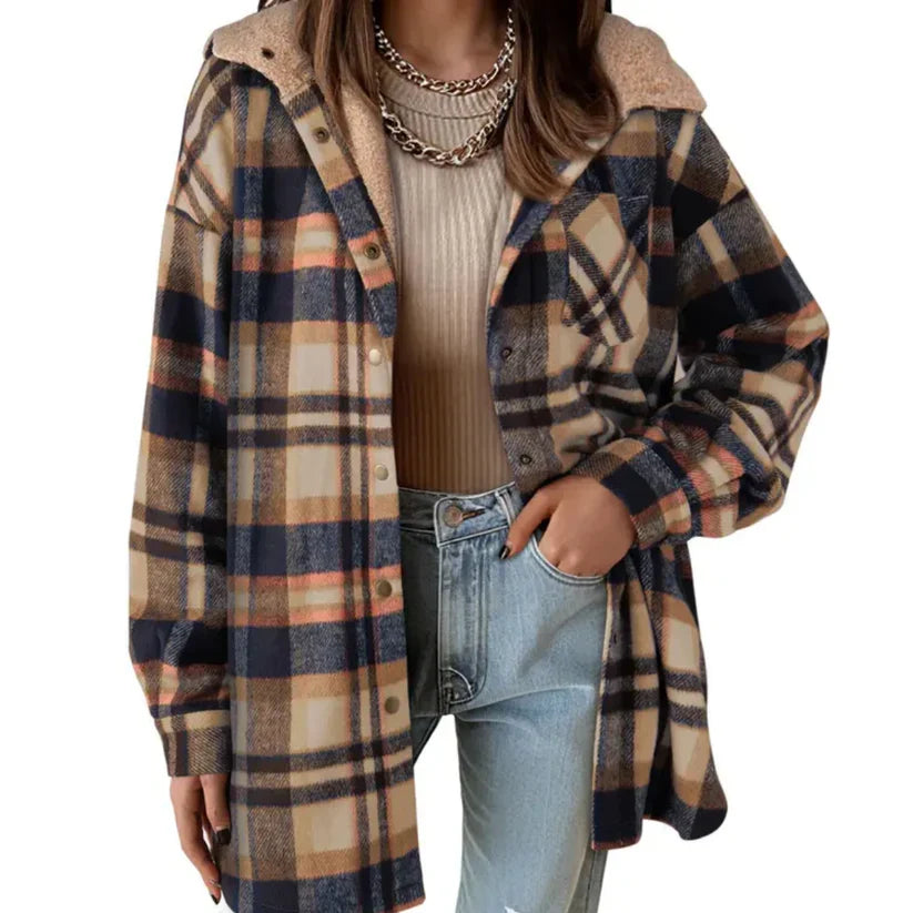 Hooded Plaid Shacket with Teddy Lining