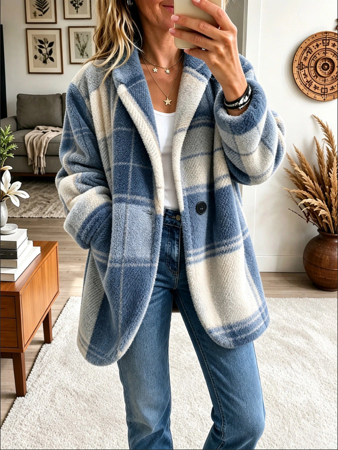 Bold Plaid Fleece Blazer Coat