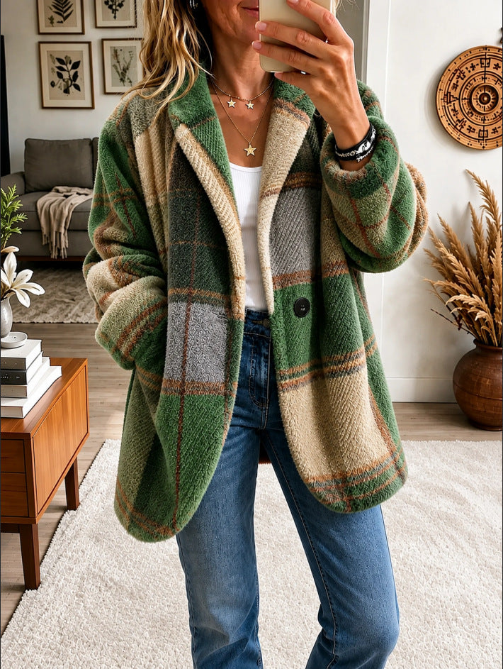 Bold Plaid Fleece Blazer Coat
