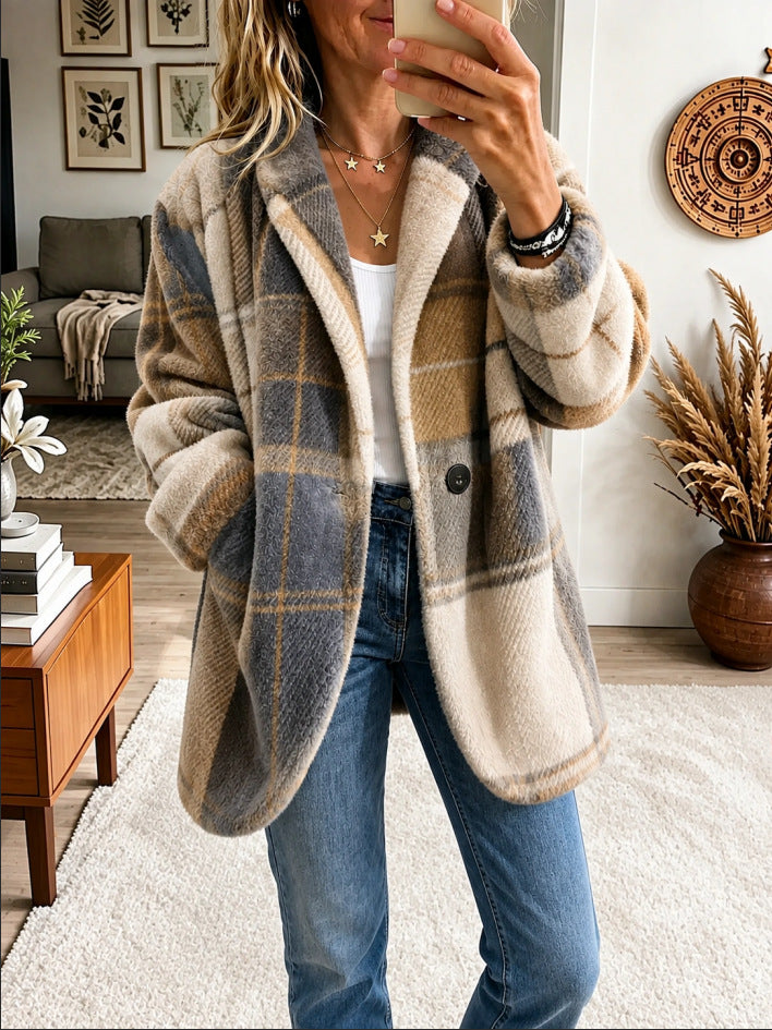 Bold Plaid Fleece Blazer Coat
