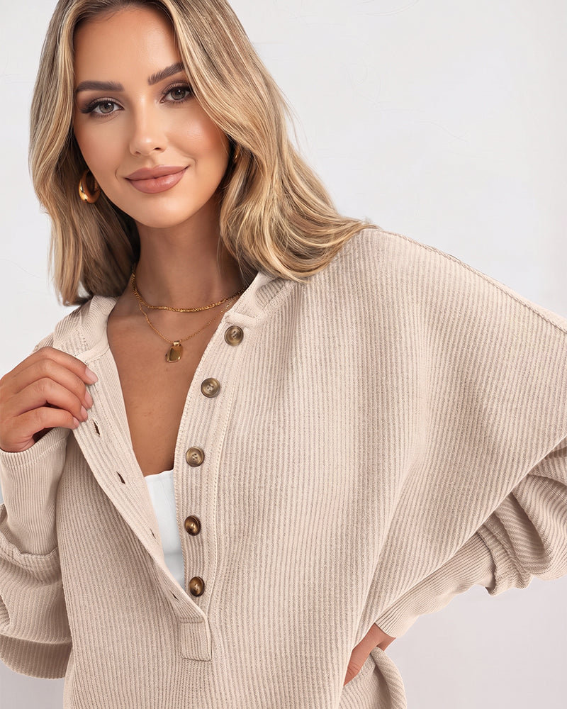 Oversized Ribbed Henley Hoodie