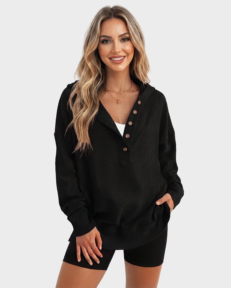 Oversized Ribbed Henley Hoodie
