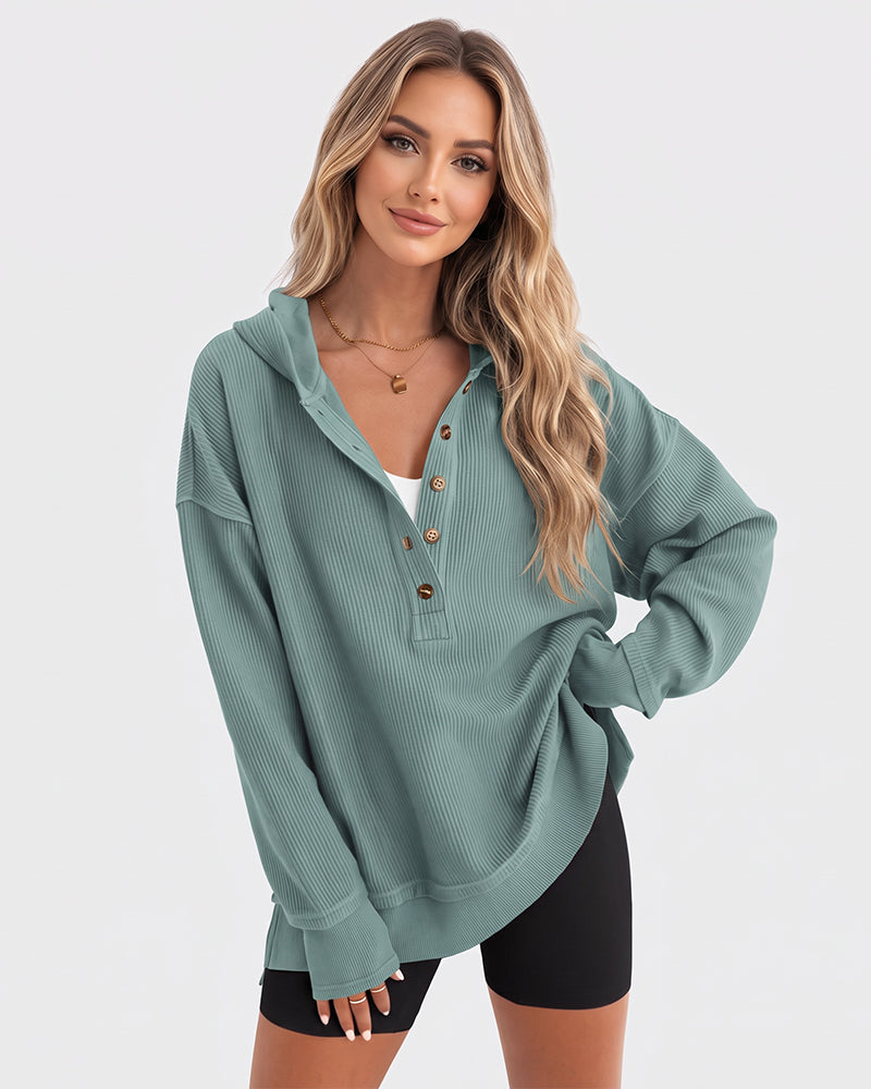 Oversized Ribbed Henley Hoodie