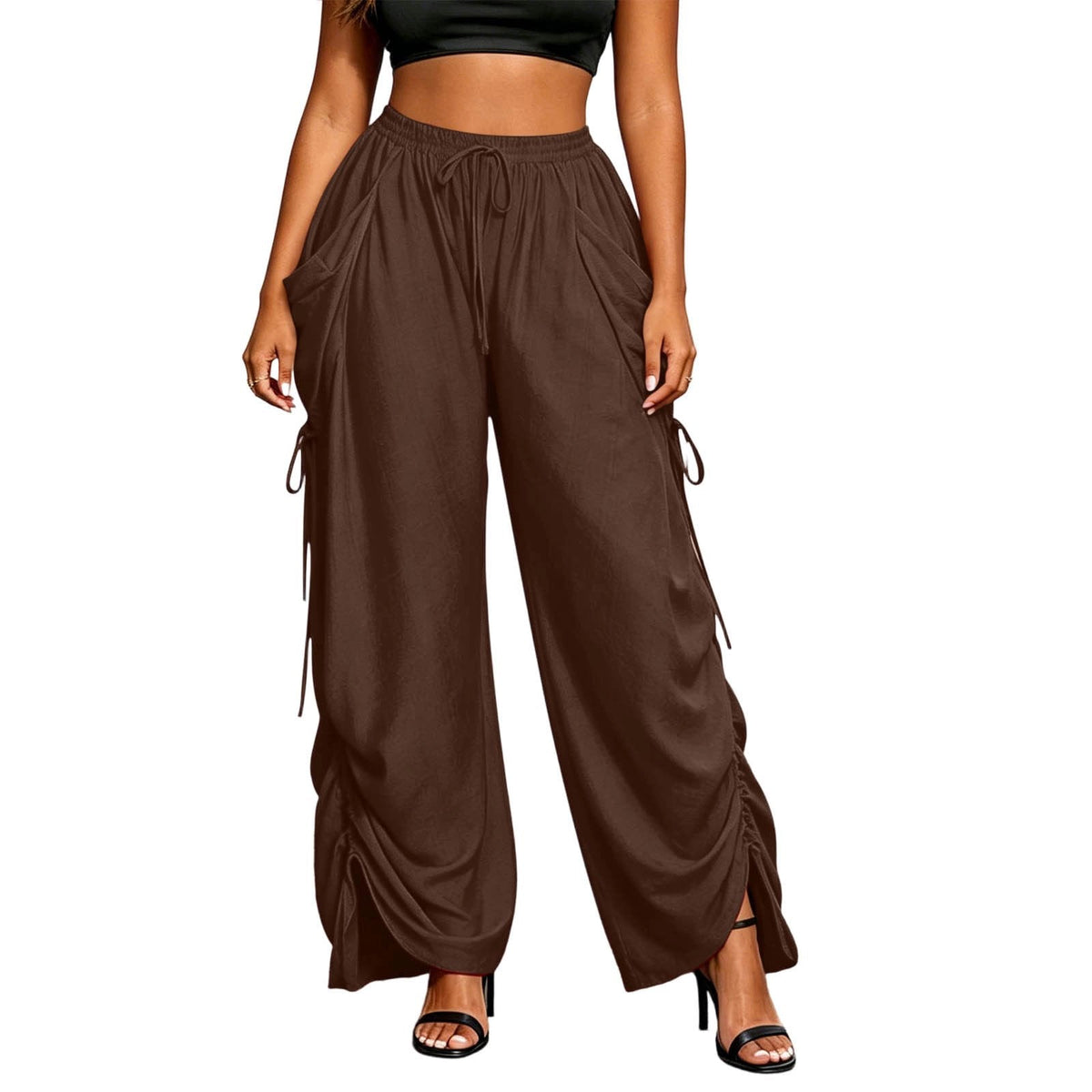 Ruched Wide-Leg Drawstring Pants