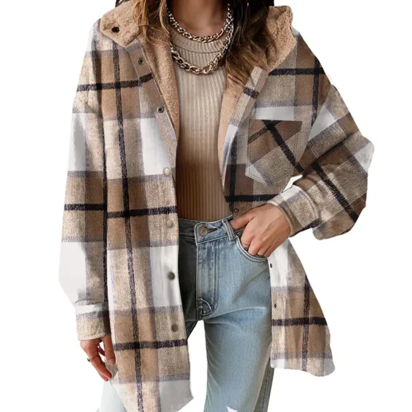 Hooded Plaid Shacket with Teddy Lining