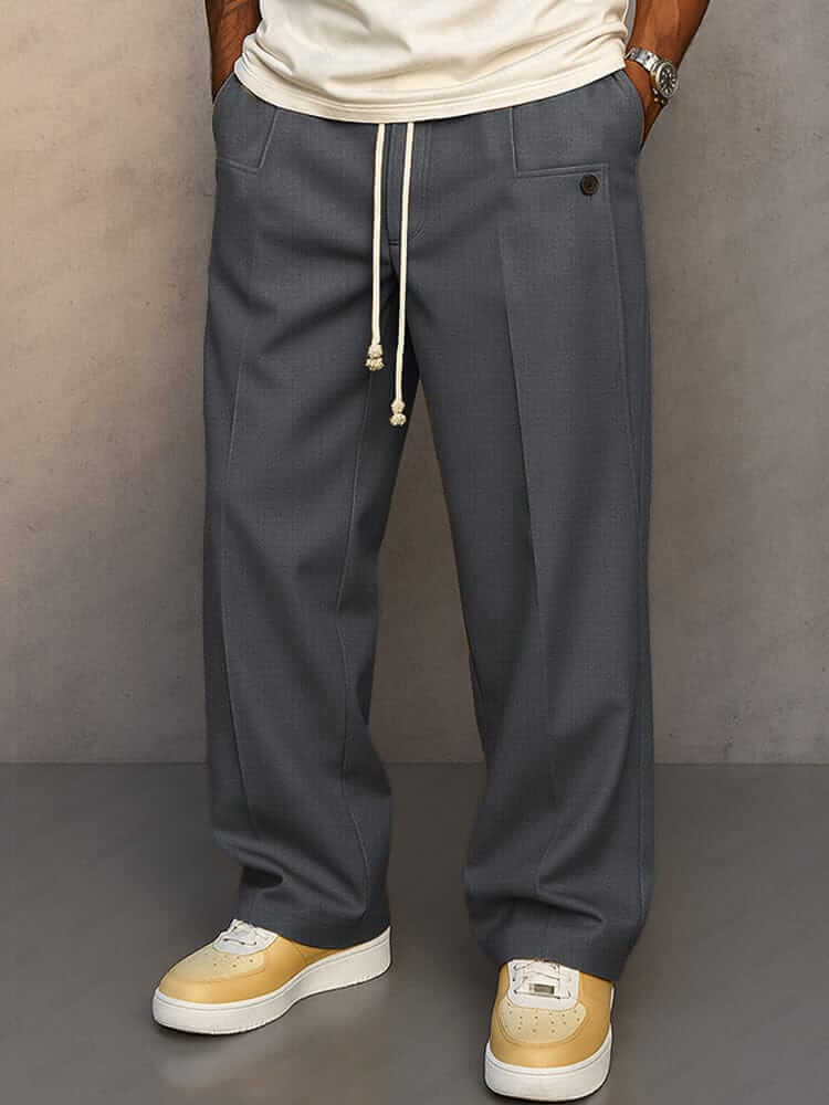 Men's Pleated Drawstring Wide-Leg Trousers