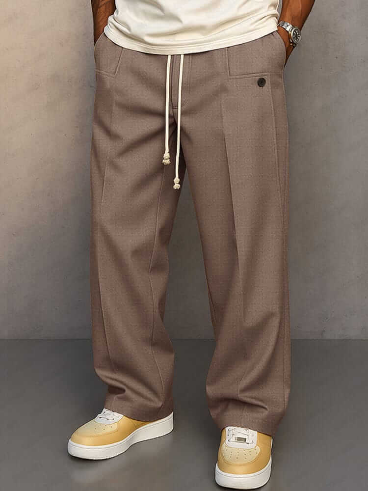 Men's Pleated Drawstring Wide-Leg Trousers