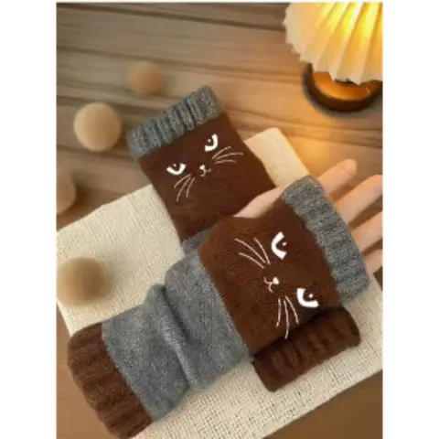 Embroidered Cat Fingerless Knit Gloves