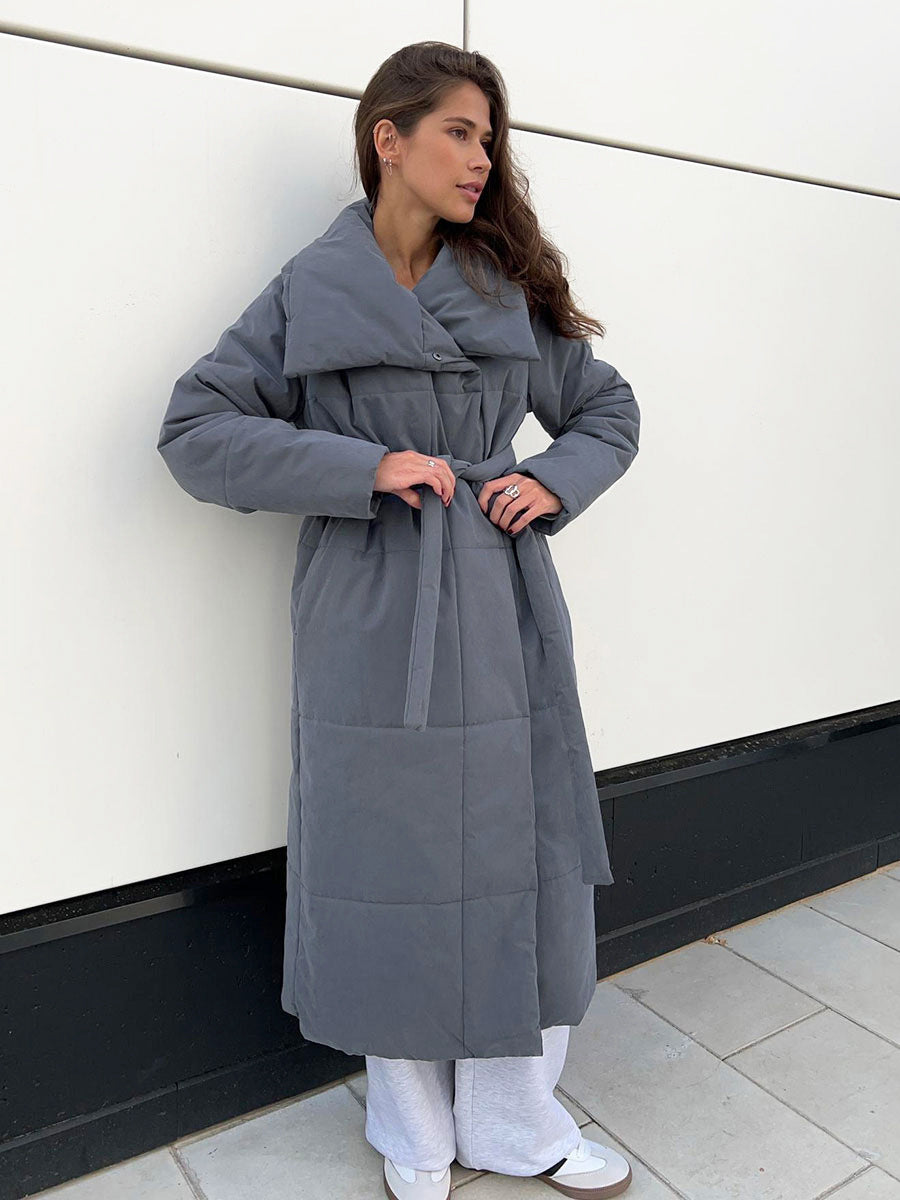 Oversized Shawl-Collar Belted Long Puffer Coat